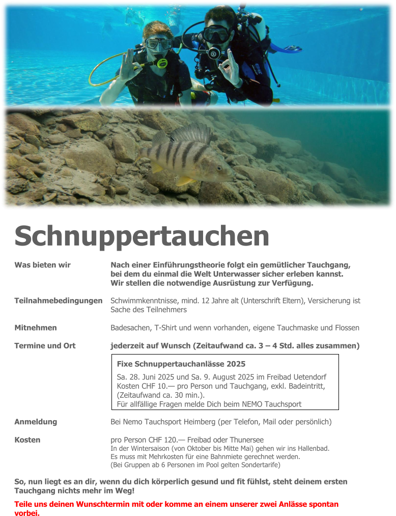 Schnuppertauchen Was bieten wir 	Nach einer Einführungstheorie folgt ein gemütlicher Tauchgang, bei dem du einmal die Welt Unterwasser sicher erleben kannst. Wir stellen die notwendige Ausrüstung zur Verfügung.  Teilnahmebedingungen 	Schwimmkenntnisse, mind. 12 Jahre alt (Unterschrift Eltern), Versicherung ist Sache des Teilnehmers  Mitnehmen 	Badesachen, T-Shirt und wenn vorhanden, eigene Tauchmaske und Flossen  Termine und Ort 	jederzeit auf Wunsch (Zeitaufwand ca. 3 – 4 Std. alles zusammen) Anmeldung 	Bei Nemo Tauchsport Heimberg (per Telefon, Mail oder persönlich)  Kosten 	pro Person CHF 120.— Freibad oder Thunersee In der Wintersaison (von Oktober bis Mitte Mai) gehen wir ins Hallenbad. Es muss mit Mehrkosten für eine Bahnmiete gerechnet werden.  (Bei Gruppen ab 6 Personen im Pool gelten Sondertarife)  So, nun liegt es an dir, wenn du dich körperlich gesund und fit fühlst, steht deinem ersten Tauchgang nichts mehr im Weg! Teile uns deinen Wunschtermin mit oder komme an einem unserer zwei Anlässe spontan vorbei. Fixe Schnuppertauchanlässe 2025 Sa. 28. Juni 2025 und Sa. 9. August 2025 im Freibad Uetendorf Kosten CHF 10.— pro Person und Tauchgang, exkl. Badeintritt, (Zeitaufwand ca. 30 min.). Für allfällige Fragen melde Dich beim NEMO Tauchsport
