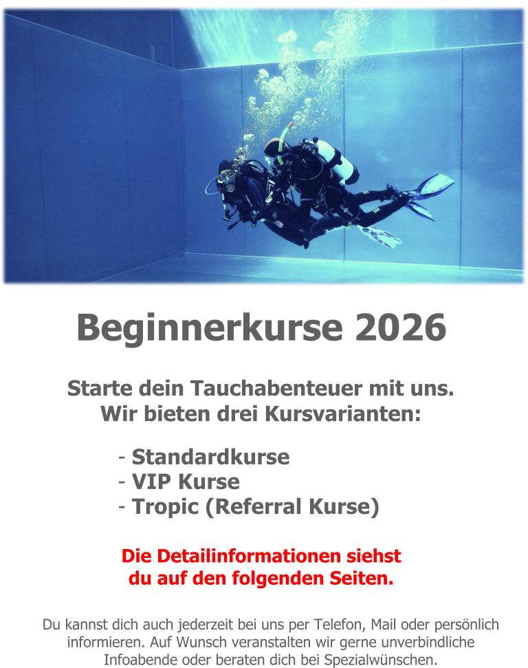 Beginnerkurse 2026 Starte dein Tauchabenteuer mit uns. Wir bieten drei Kursvarianten: - Standardkurse - VIP Kurse - Tropic (Referral Kurse)  Die Detailinformationen siehst du auf den folgenden Seiten.  Du kannst dich auch jederzeit bei uns per Telefon, Mail oder persönlich informieren. Auf Wunsch veranstalten wir gerne unverbindliche Infoabende oder beraten dich bei Spezialwünschen.
